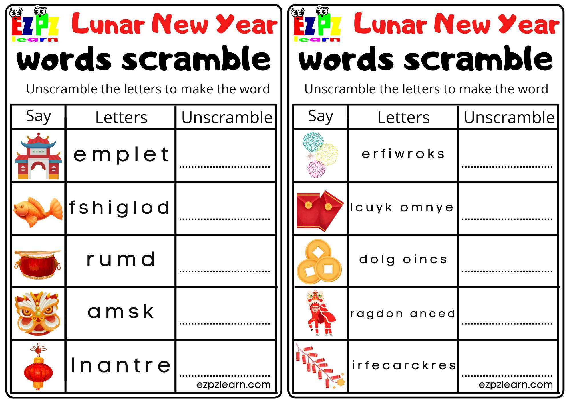 Words Scramble for Lunar New Year includes 2 pages Free PDF Download